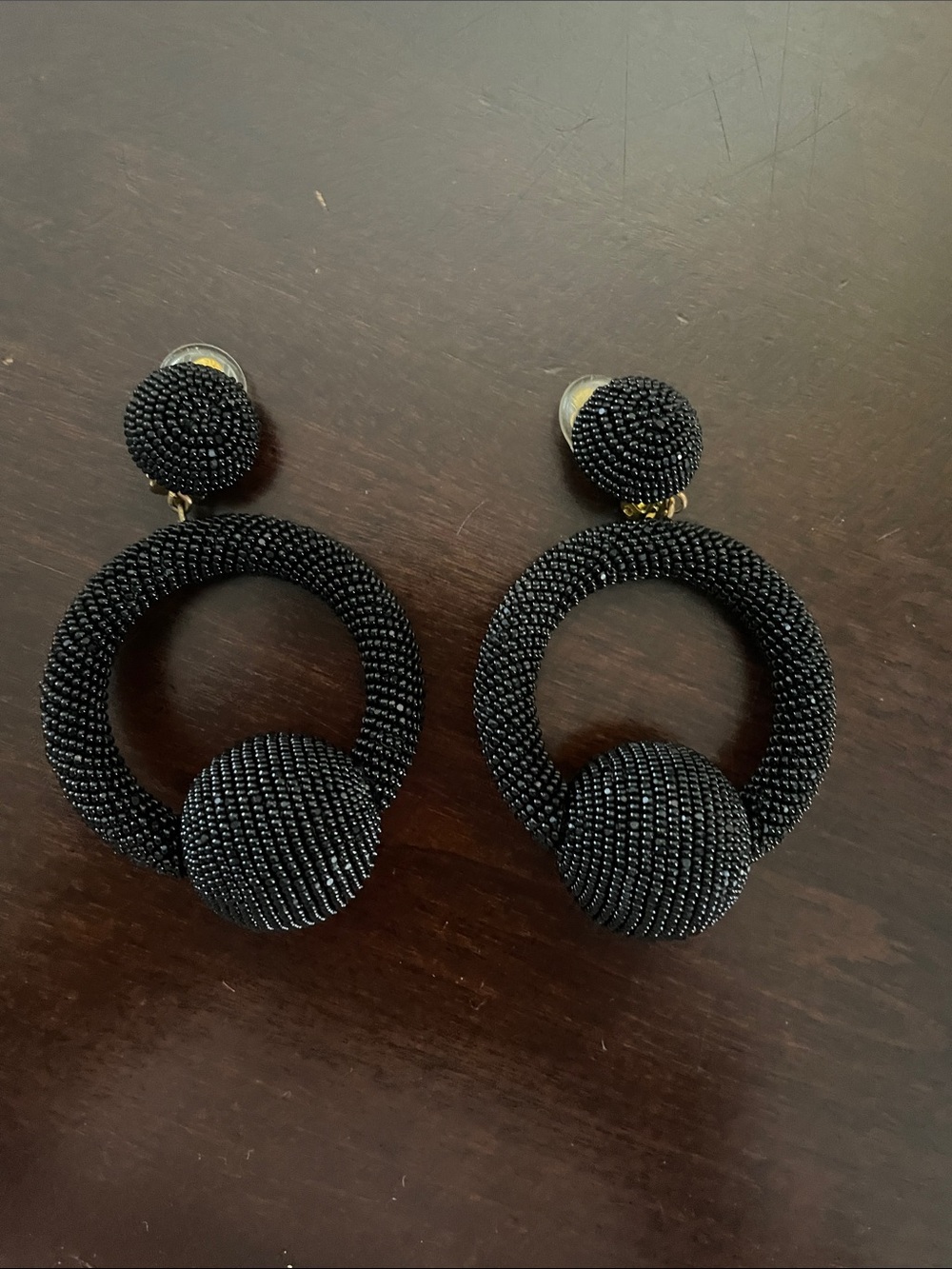 Black Beaded Hoop Drop Clip On Earrings